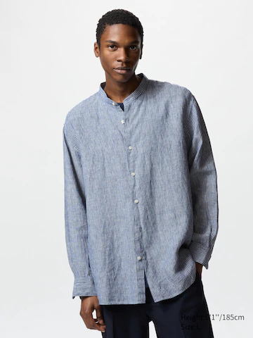 Uniqlo Рубашка из 100% премиального льна (стойка, в полоску)
