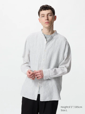 Uniqlo Рубашка из 100% премиального льна (стойка, в полоску)