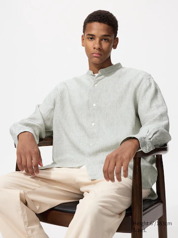 Uniqlo Рубашка из 100% премиального льна (воротник-стойка, полосатая)