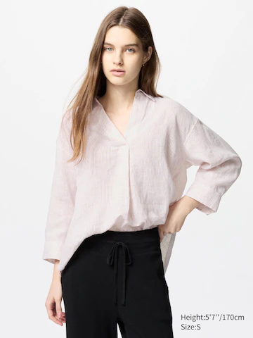 Рубашка с отложным воротником из 100% премиального льна (в полоску, 3/4 рукав)