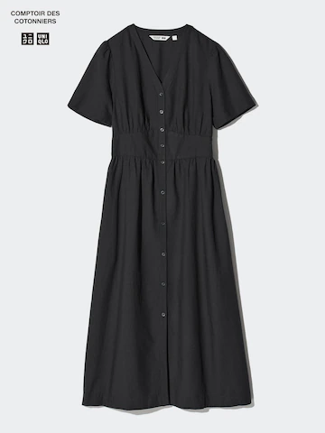 Uniqlo Платье с воротником V из льно-шелковой смеси (короткий рукав)