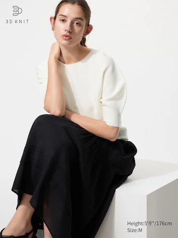 Свитер с коротким рукавом из хлопка с объемными рукавами и безвышивной вязкой 3d