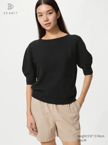 Свитер с коротким рукавом из хлопка с объемными рукавами и безвышивной вязкой 3d- Заказать в России