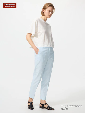 Льняные хлопковые зауженные брюки до щиколотки