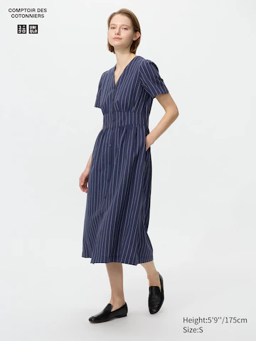 Платье с v-образным вырезом из льняной смеси (короткий рукав)- Заказать в России