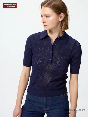 Поло-свитер из хлопка с кружевными узорами (короткий рукав)- Заказать в России