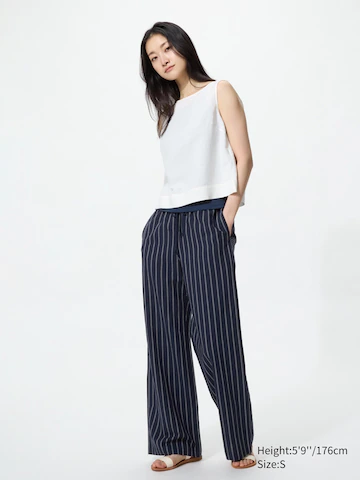 Льняные брюки свободного кроя (в полоску, длинные)