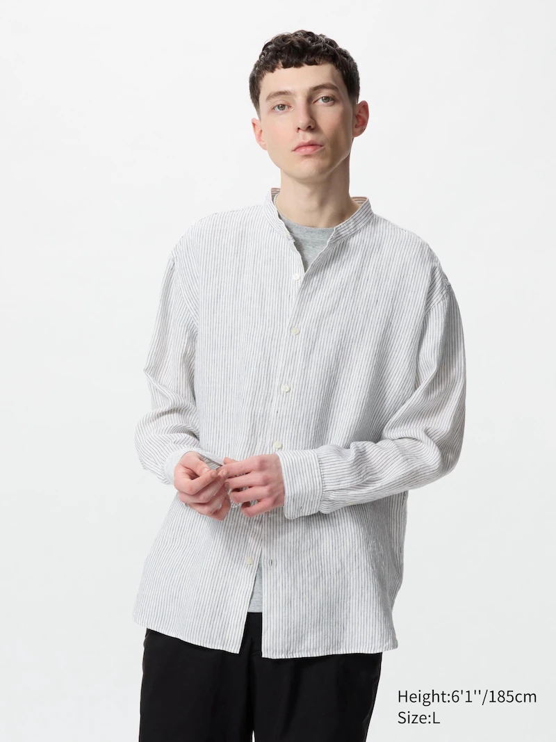 Рубашка из 100% премиального льна (стойка, в полоску)