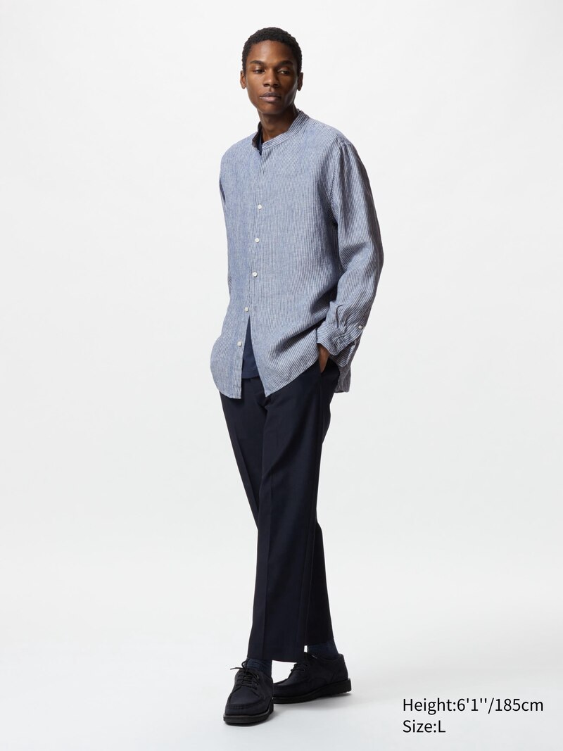 Рубашка из 100% премиального льна (стойка, в полоску)