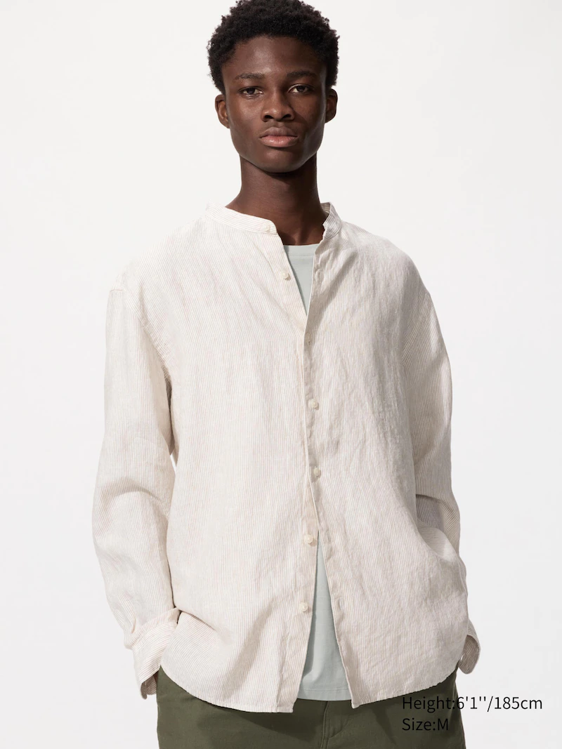 Рубашка из 100% премиального льна (воротник-стойка, полосатая)