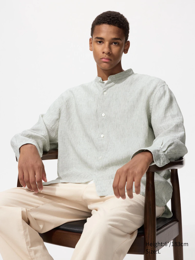 Рубашка из 100% премиального льна (воротник-стойка, полосатая)