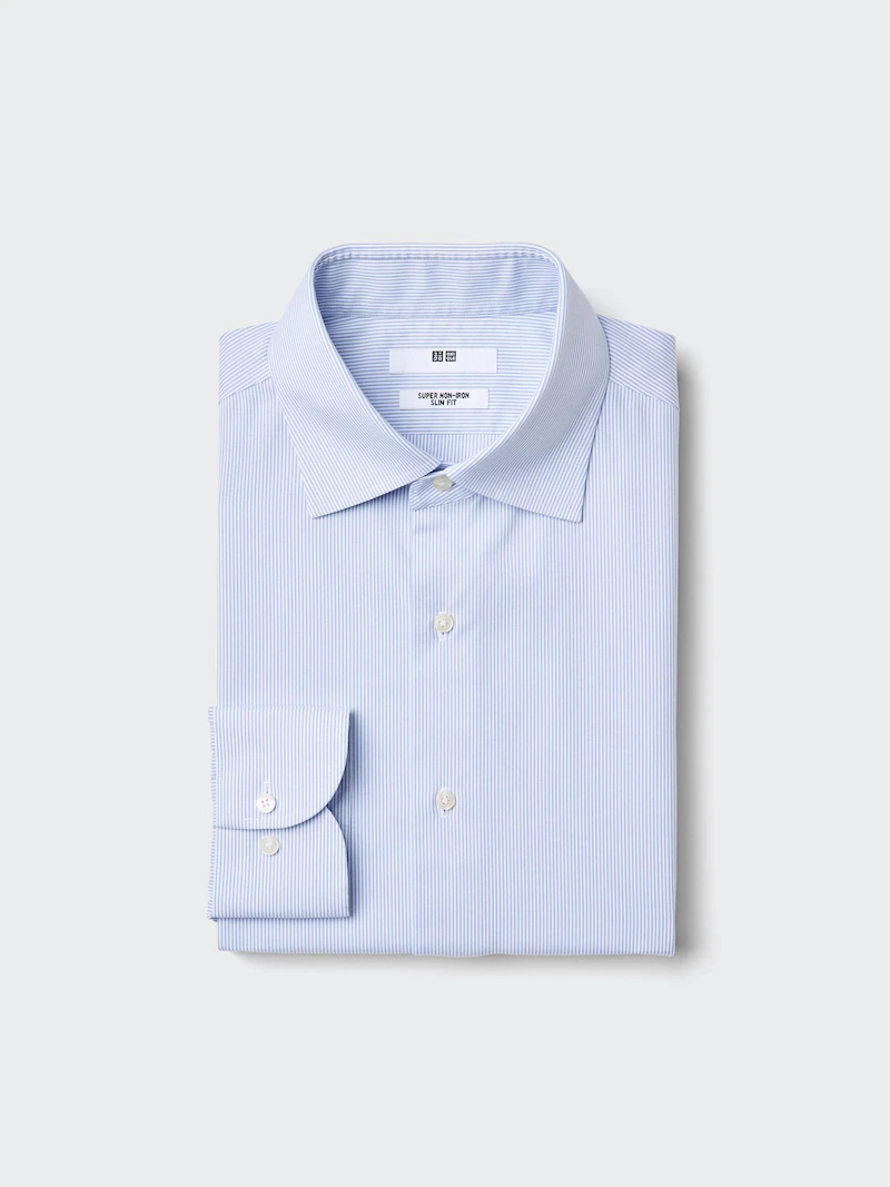 Рубашка сверхлегкая слим-фит (полосатый, воротник-стойка) синяя