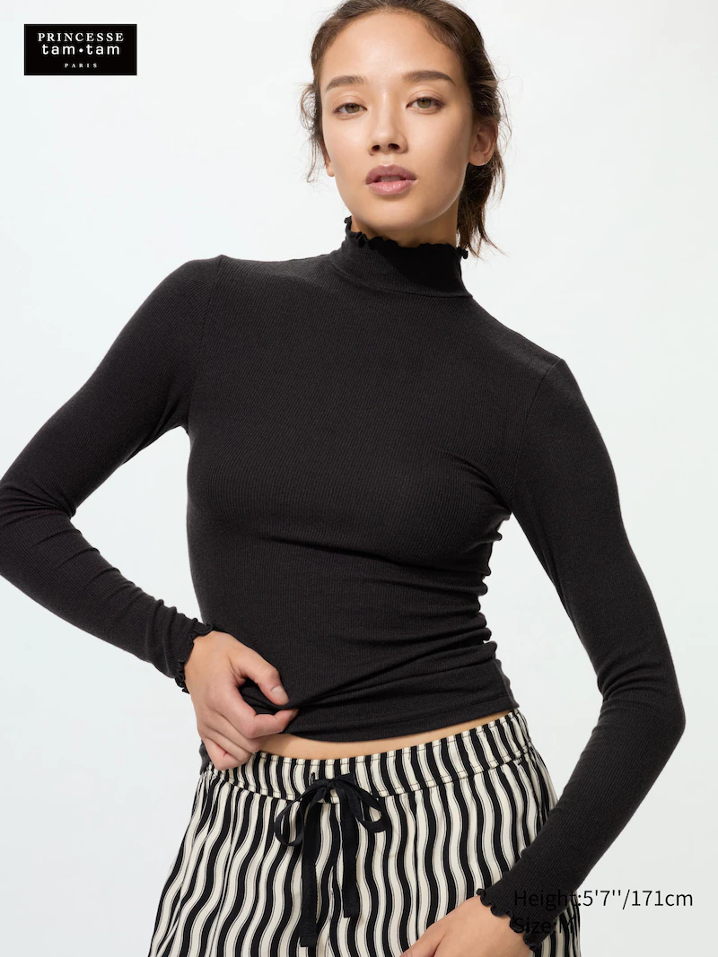 Футболка с высоким воротником из кашемира и шерсти heattech extra warm (ребристая)