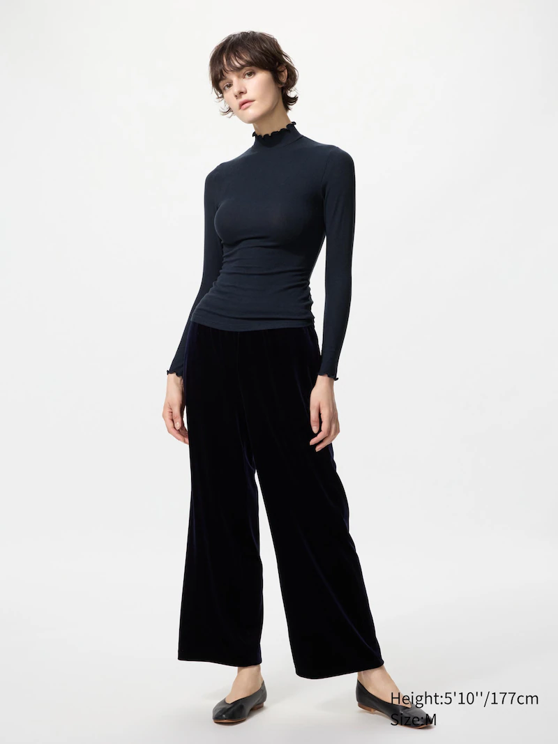 Футболка с высоким воротником из кашемира и шерсти heattech extra warm (ребристая)