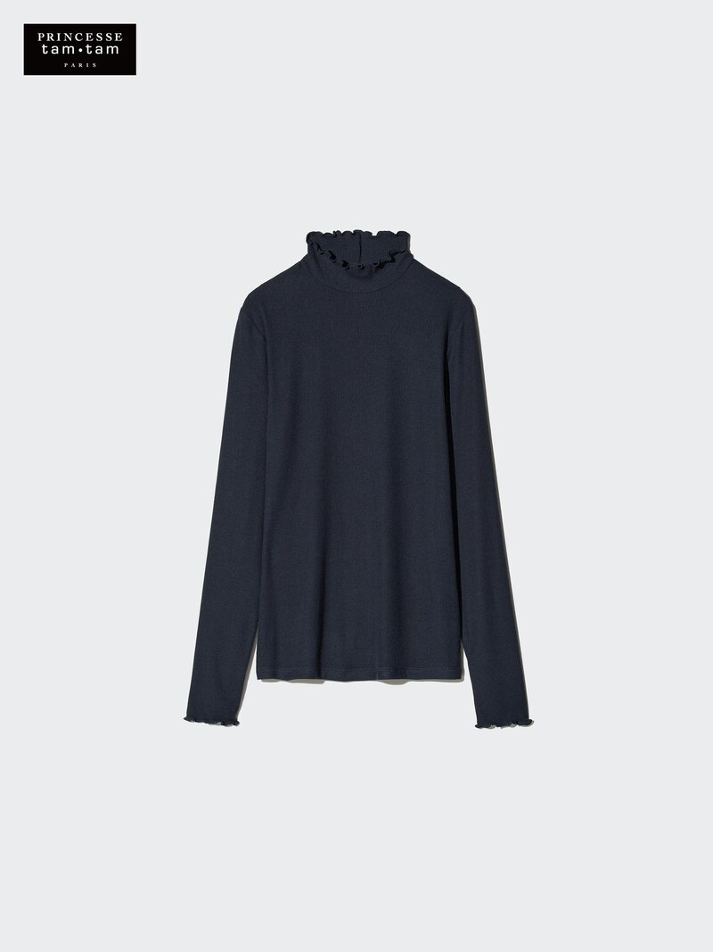 Футболка с высоким воротником из кашемира и шерсти heattech extra warm (ребристая)