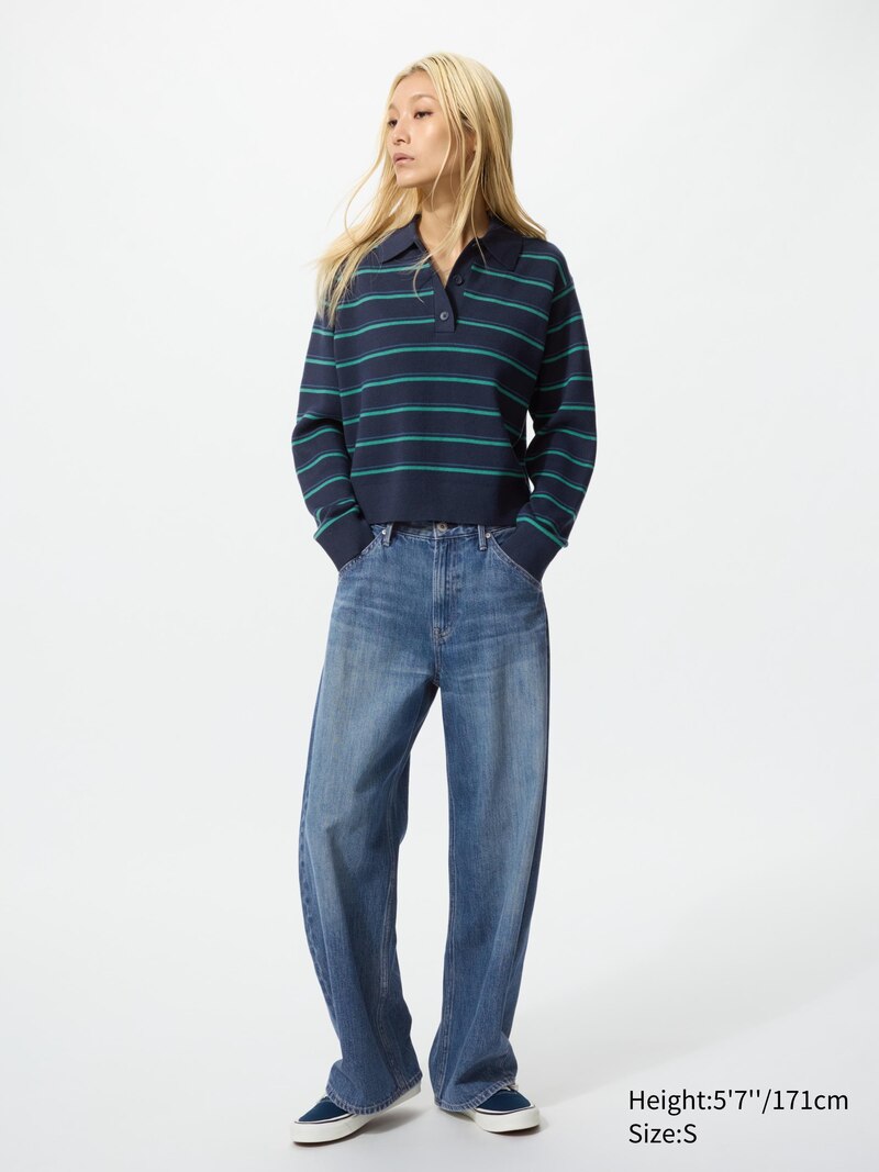 Поло свитер из гладкого хлопка (в полоску)