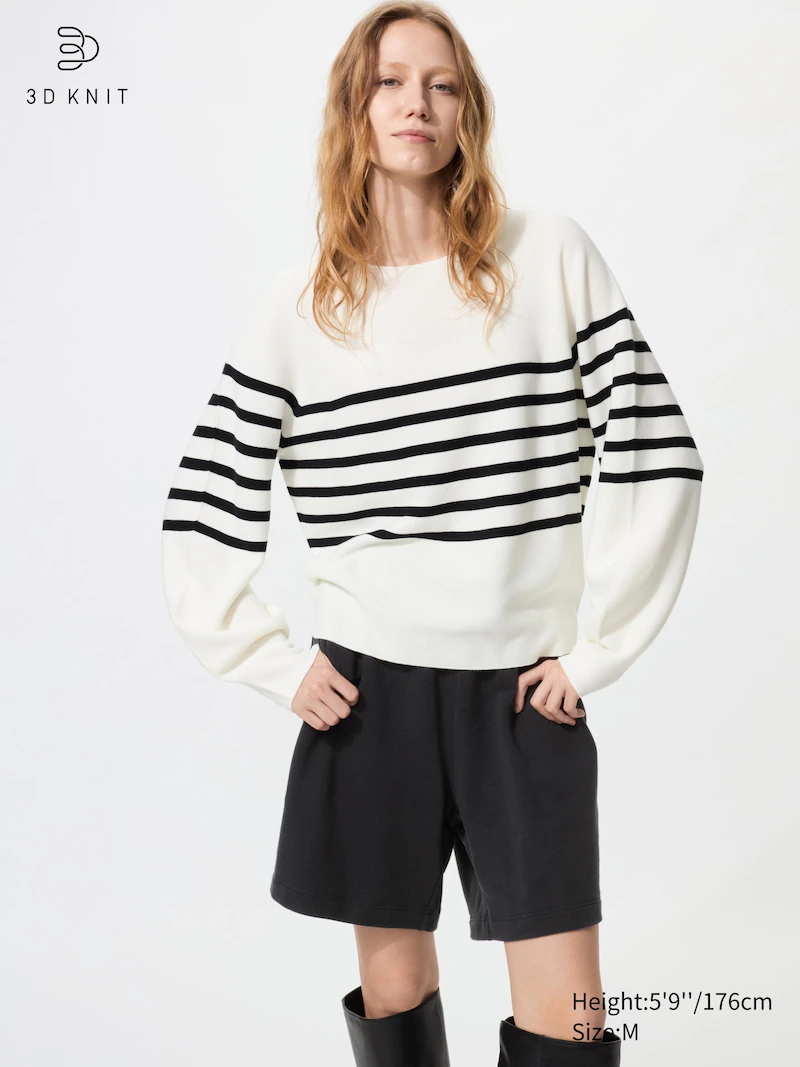 Джемпер с круглым вырезом, объемными рукавами и полосками из 3d-вязаного хлопка без швов (белый)