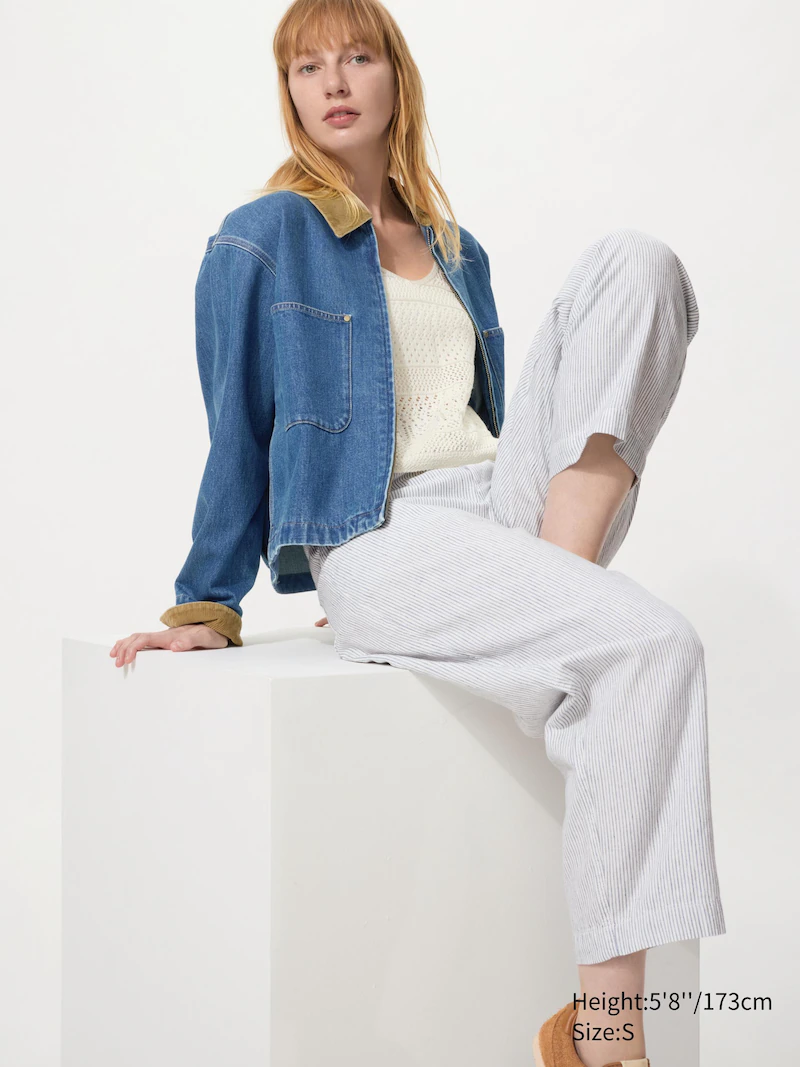 Льняные хлопковые зауженные брюки (в полоску)