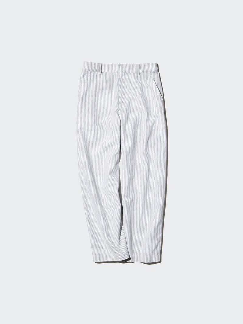 Льняные хлопковые зауженные брюки (в полоску)