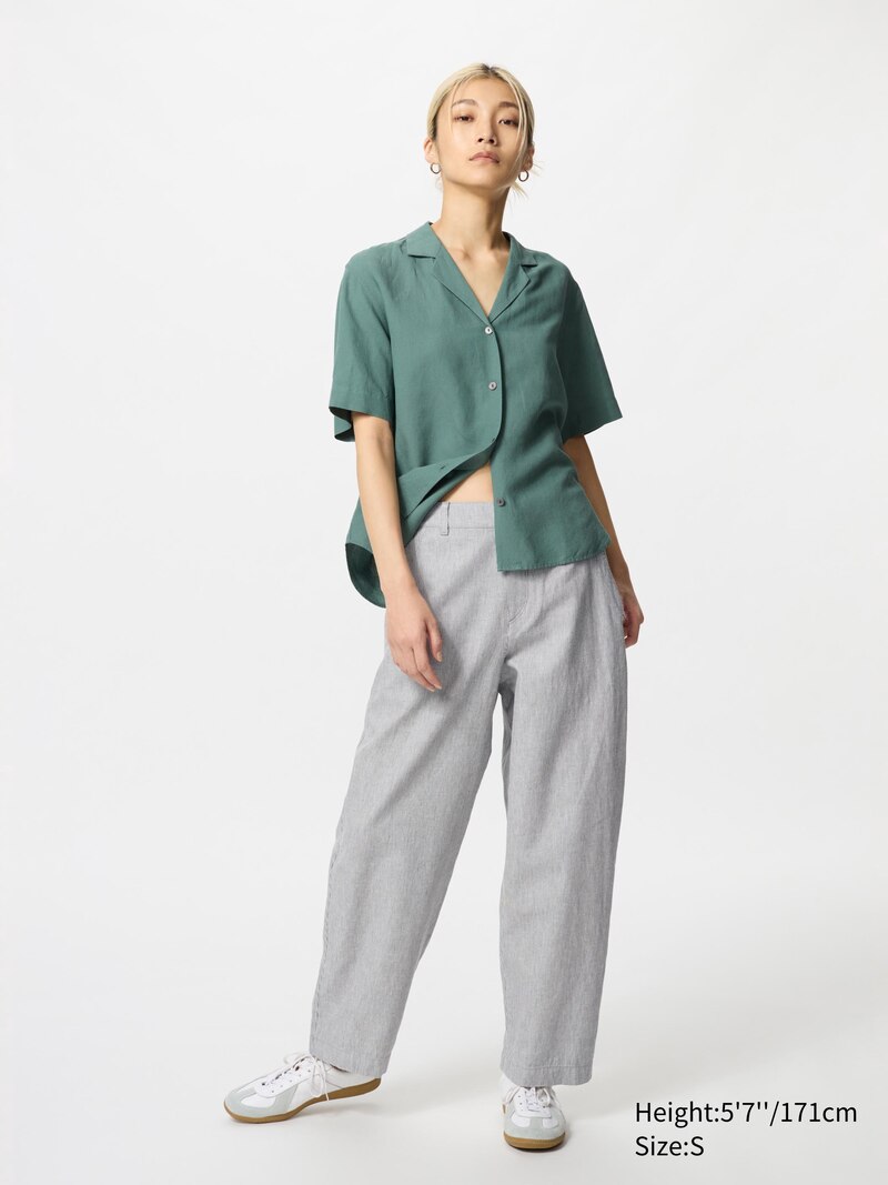 Льняно-хлопковые зауженные брюки (в полоску)