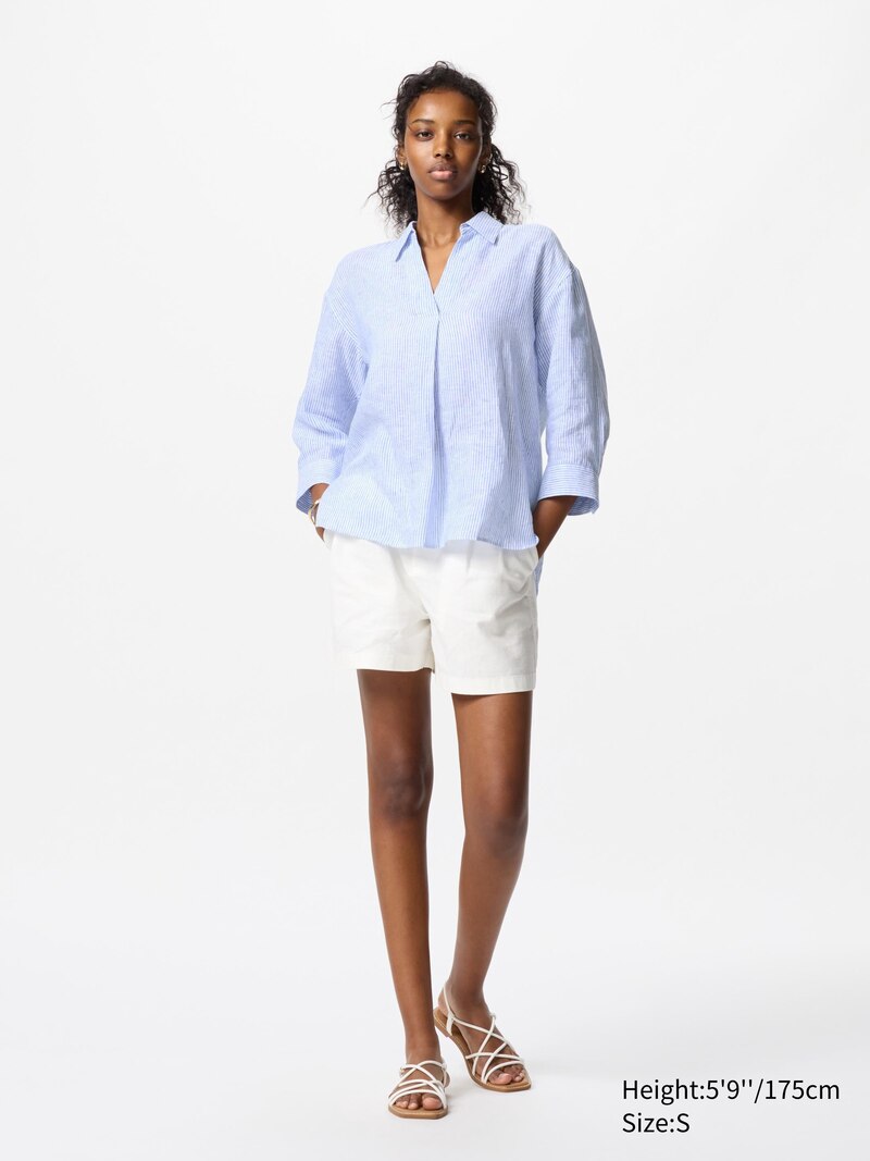 Рубашка с отложным воротником из 100% премиального льна (в полоску, 3/4 рукав)