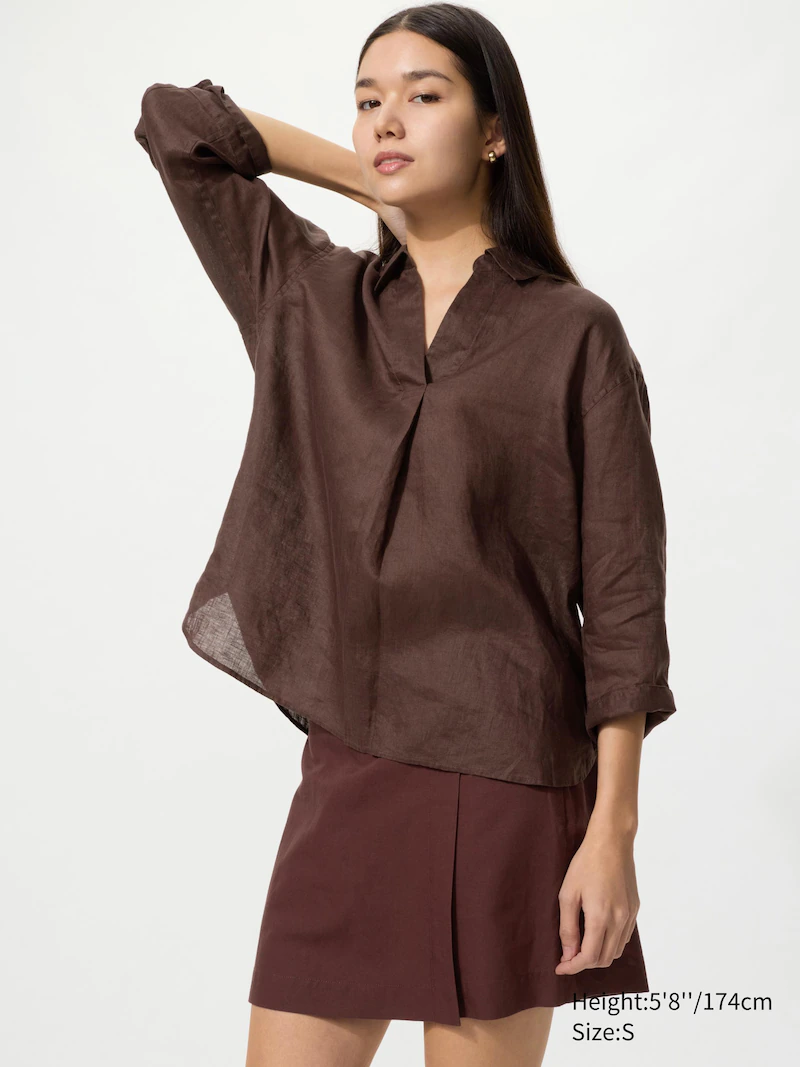 Рубашка с круглым воротником из премиального льна (3/4 рукав)