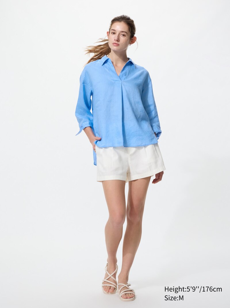 Рубашка с круглым воротником из премиального льна (3/4 рукав)