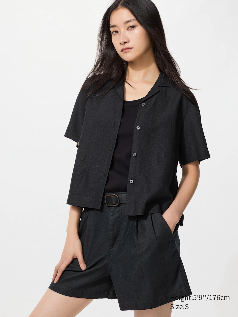 Рубашка из льна с открытым воротником (короткий рукав) в черном цвете