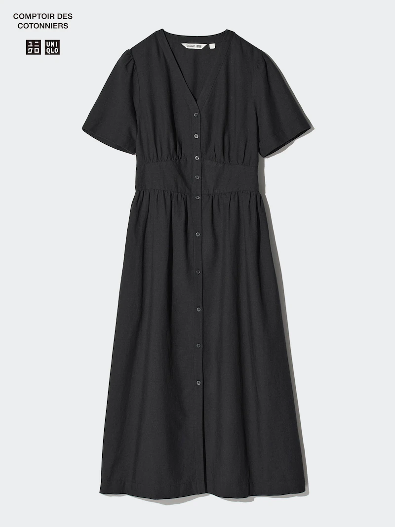 Платье с воротником v из льно-шелковой смеси (короткий рукав)