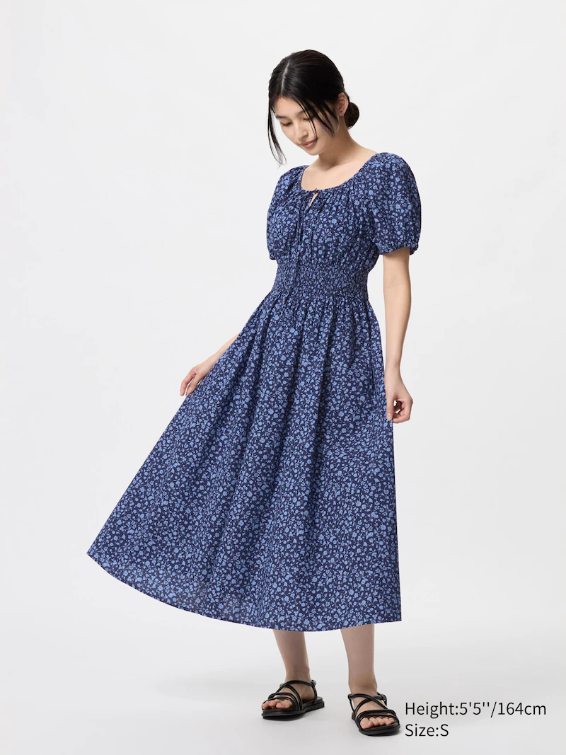 Платье с объемными рукавами (короткие рукава, принт)