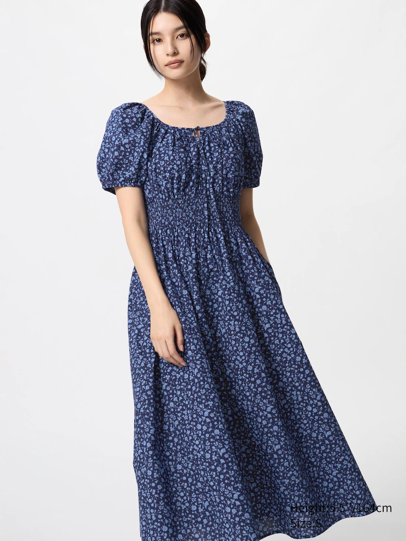 Платье с объемными рукавами (короткие рукава, принт)