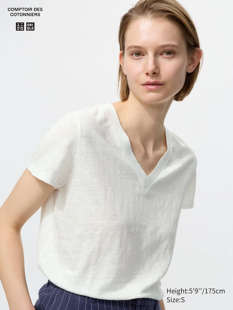 Льняная футболка с v-образным вырезом из 100% льна