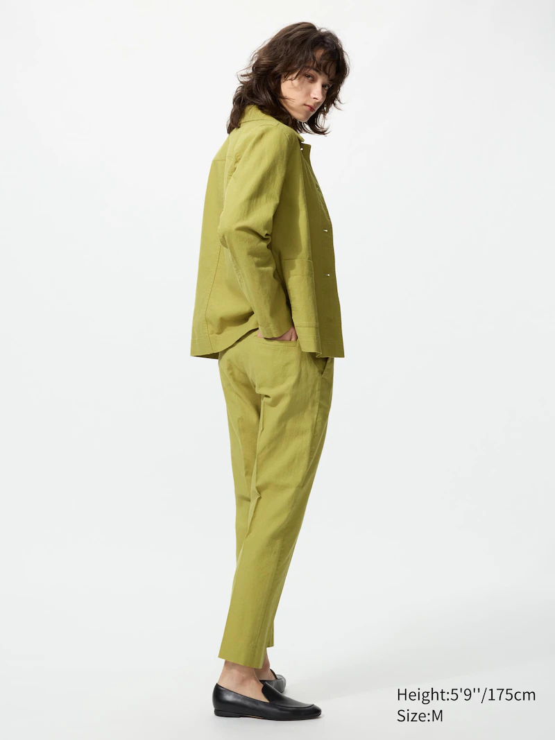 Льняные хлопковые зауженные брюки до щиколотки