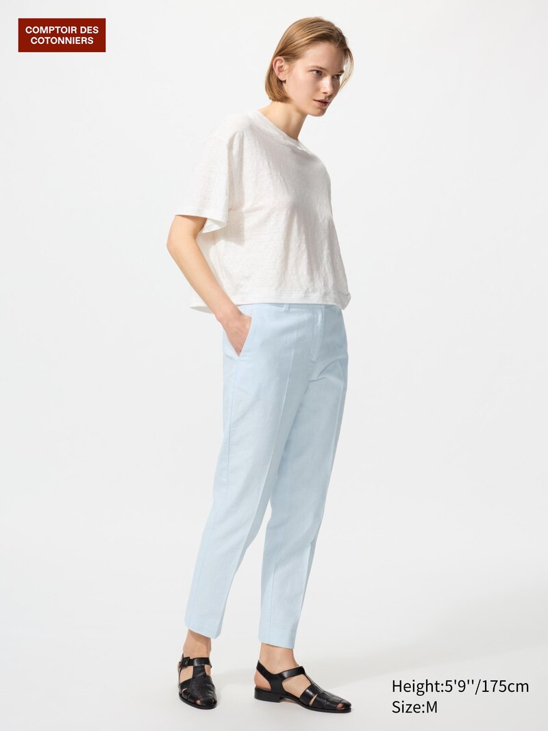 Льняные хлопковые зауженные брюки до щиколотки