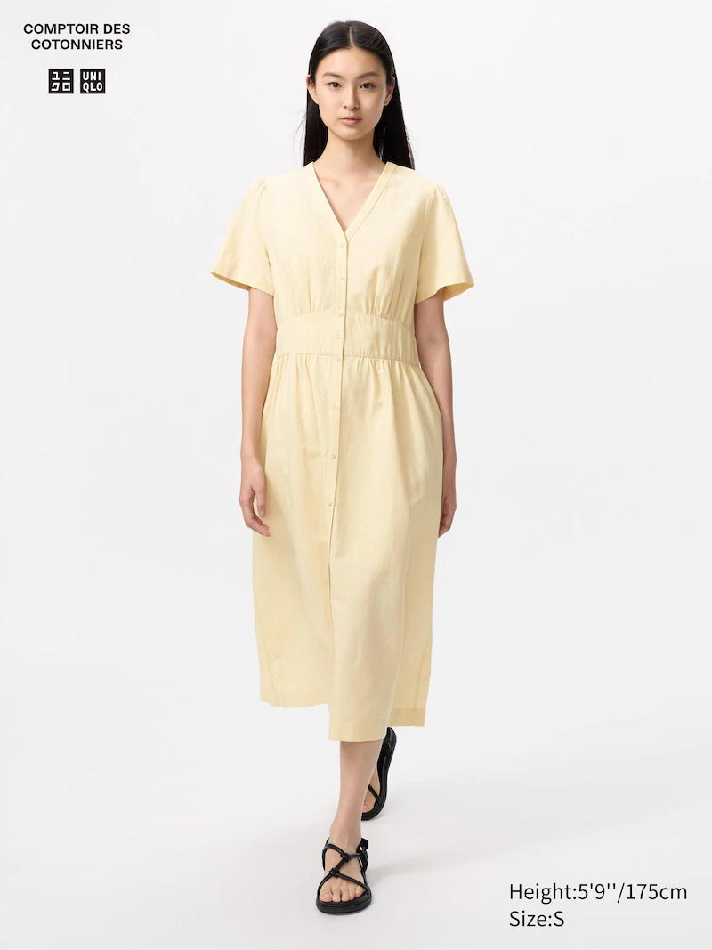 Платье из льняной смеси с v-образным вырезом (короткий рукав)