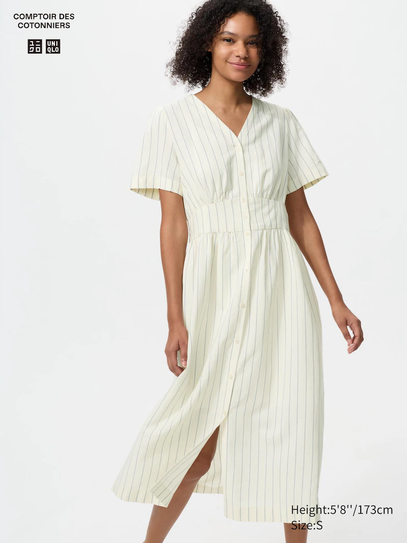 Платье с v-образным вырезом из льняной смеси (короткий рукав)