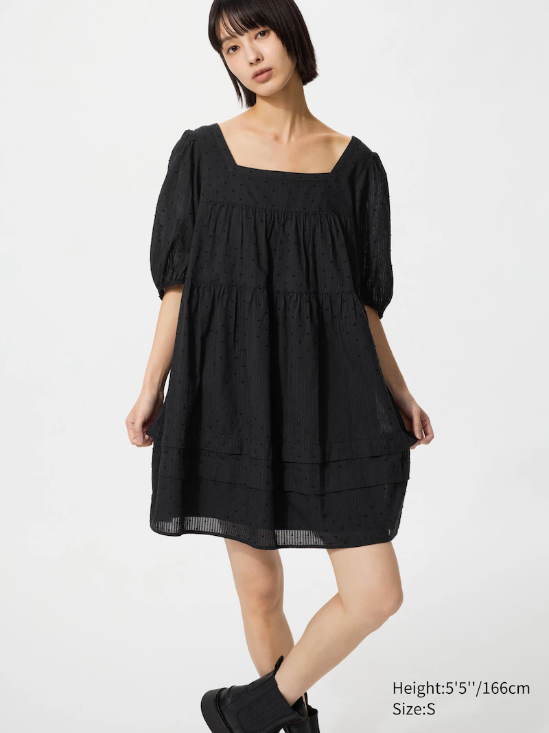 Хлопковое платье-мини из добби (с коротким рукавом)