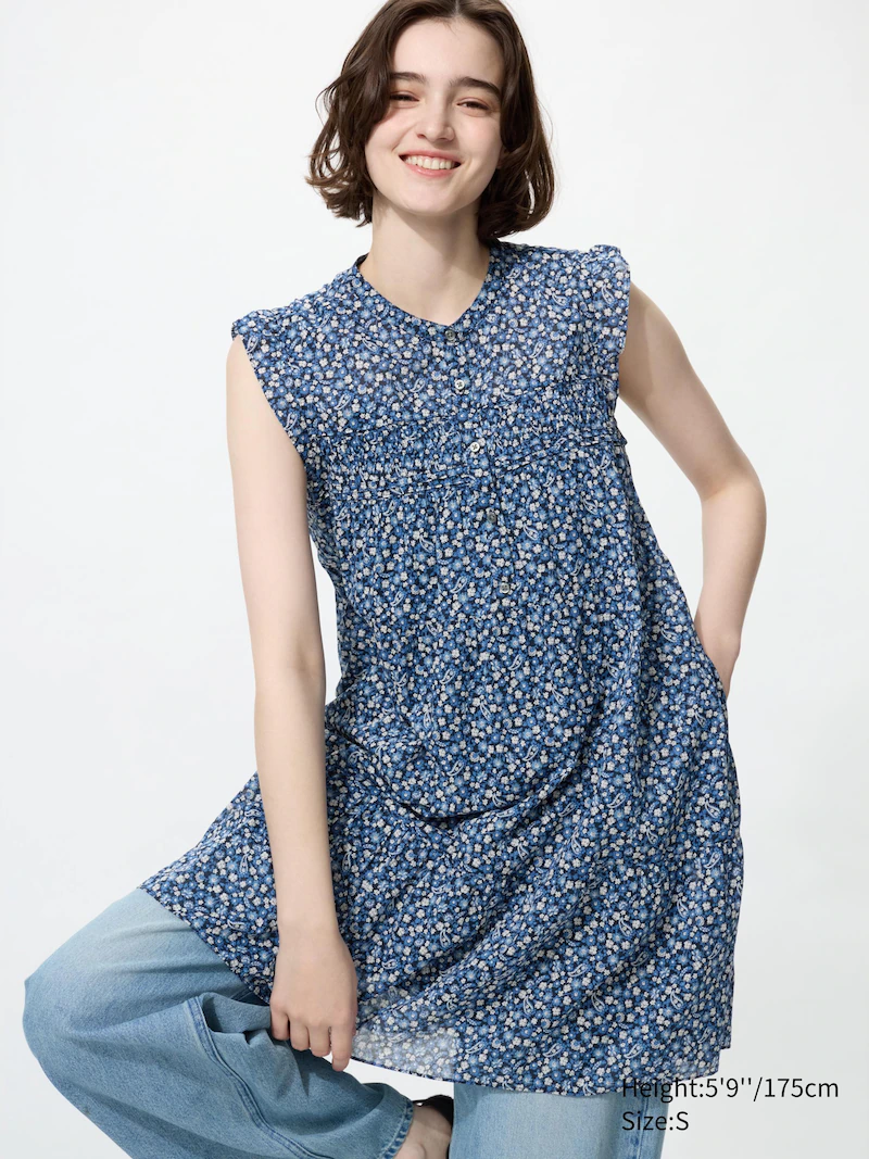 Хлопковое платье в несколько ярусов (без рукавов, с принтом)