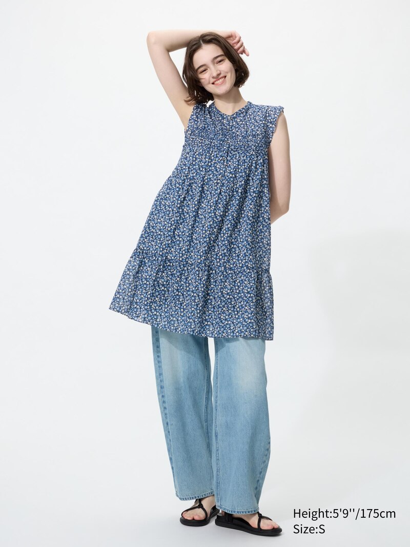 Хлопковое платье в несколько ярусов (без рукавов, с принтом)