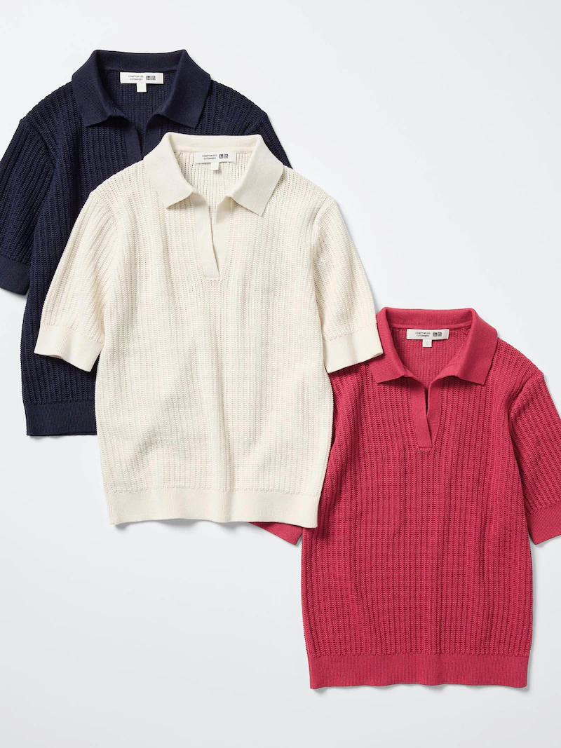 Поло-свитер с коротким рукавом и воротником-стойкой из хлопкового пунтона