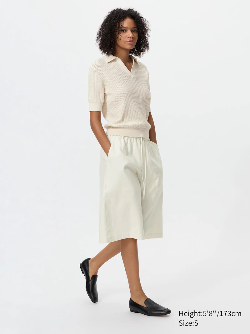 Поло-свитер с коротким рукавом и воротником-стойкой из хлопкового пунтона