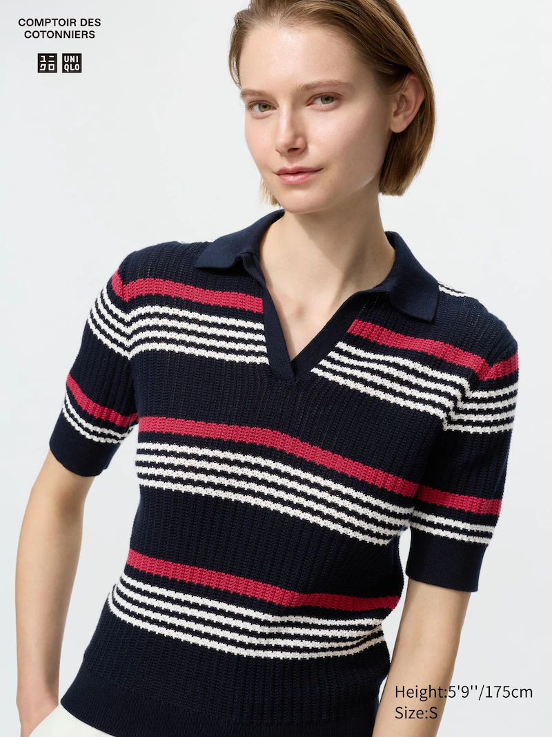 Пуловер-поло с коротким рукавом в полоску скиппер из хлопкового понтеля
