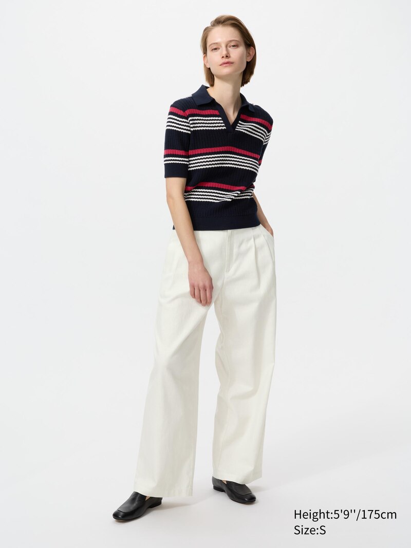 Пуловер-поло с коротким рукавом в полоску скиппер из хлопкового понтеля