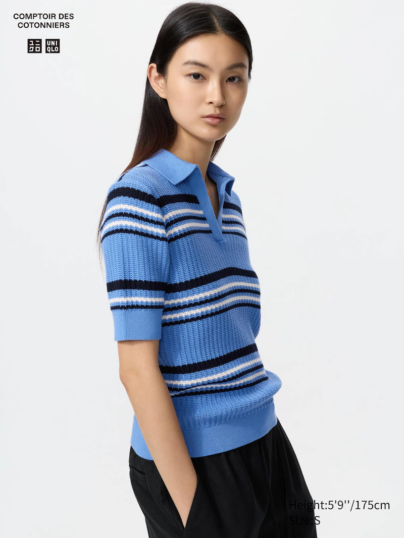 Пуловер-поло с коротким рукавом в полоску скиппер из хлопкового понтеля