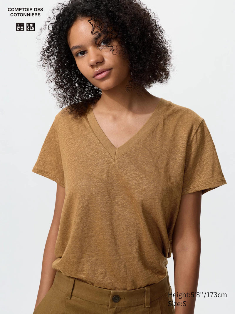 Льняная футболка с v-образным вырезом