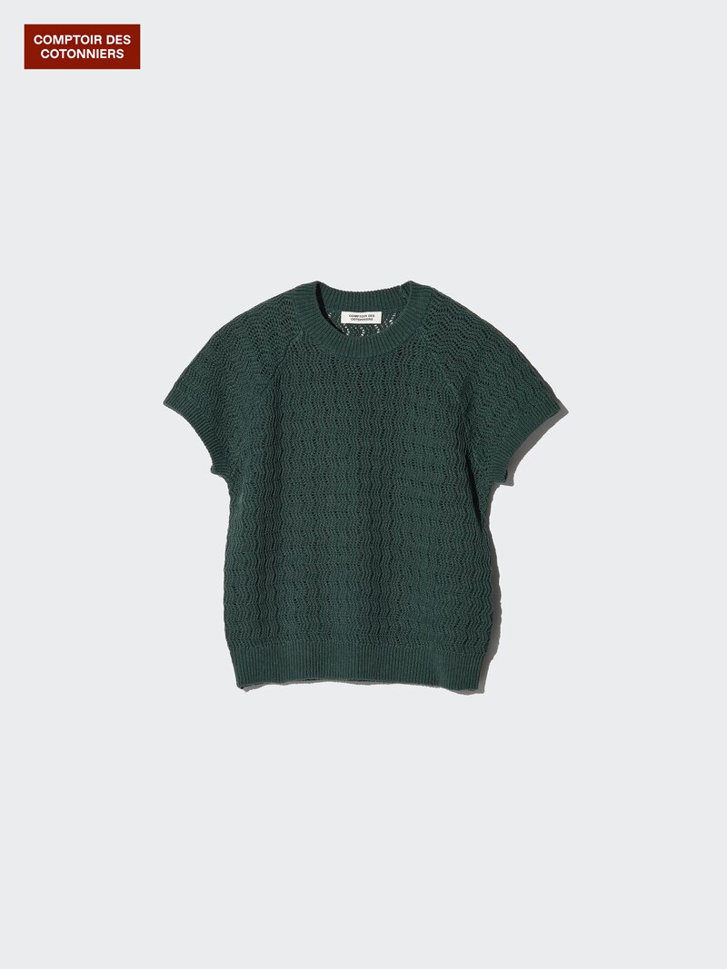 Текстурированный льняной свитер с круглым вырезом (короткий рукав)