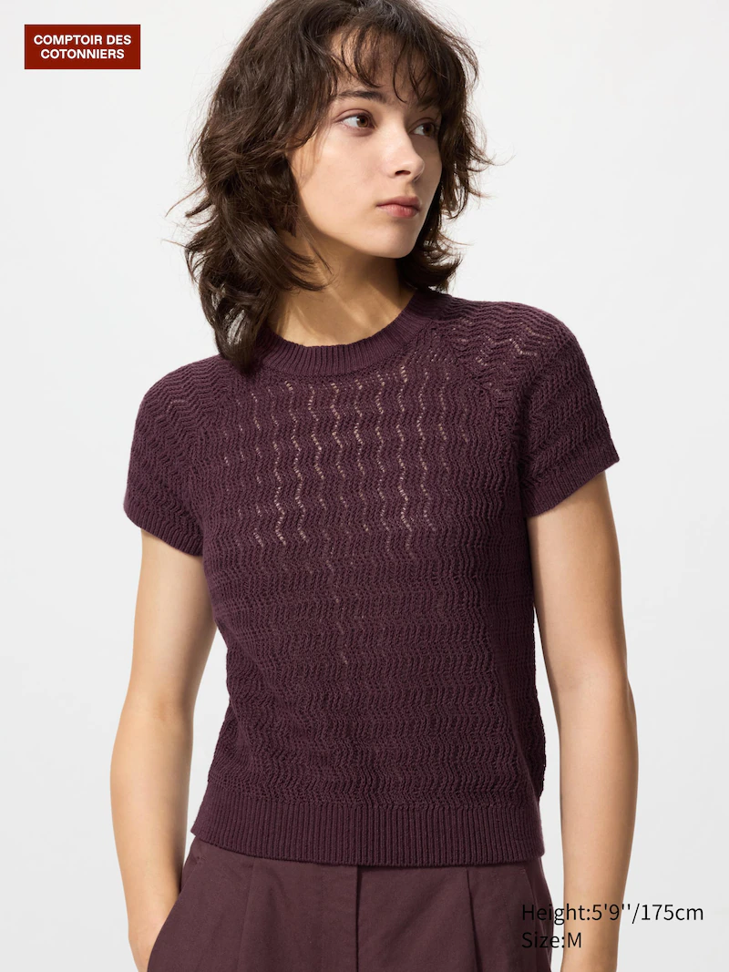 Текстурированный льняной свитер с круглым вырезом (короткий рукав)