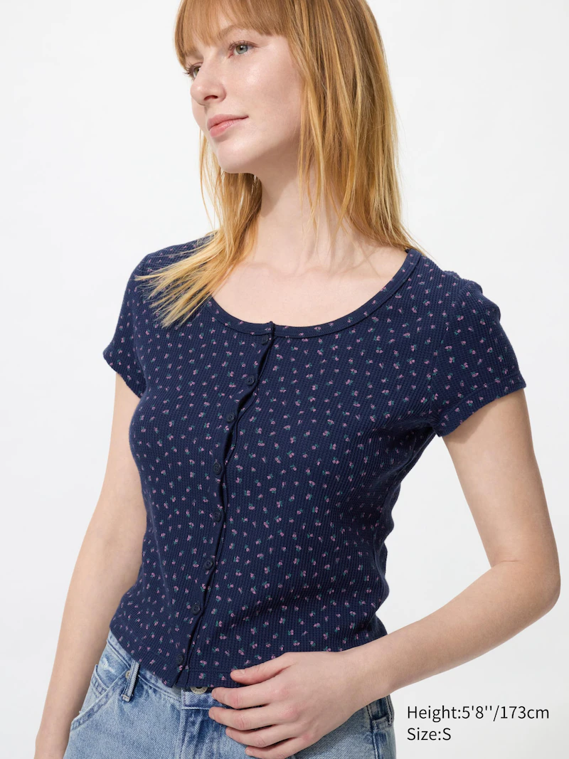 Футболка с мини-воротником waffle (узор, глубокий вырез)