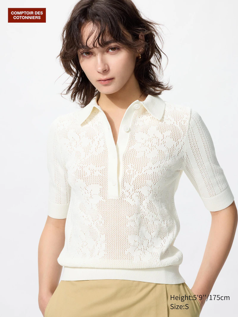 Поло-свитер из хлопка с кружевными узорами (короткий рукав)