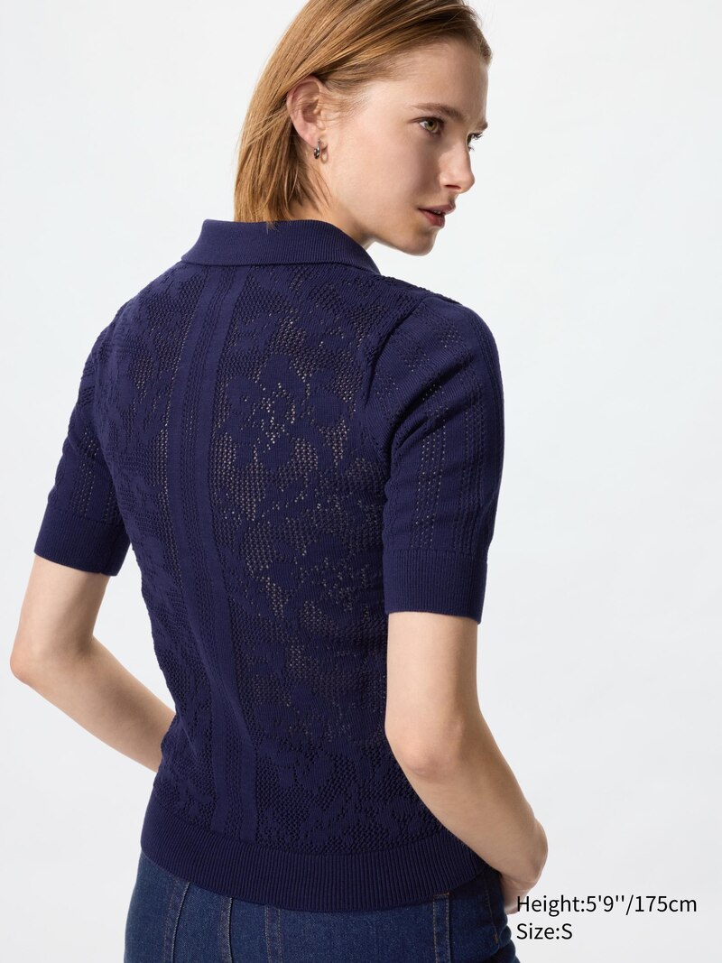 Поло-свитер из хлопка с кружевными узорами (короткий рукав)